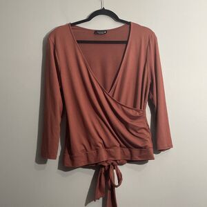 Paperoc Women's XL Rust Faux Wrap Tie Back Long Sleeve Blouse Top
